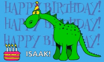 a cartoon of a dinosaur eating a birthday cake with the name isaak on the bottom