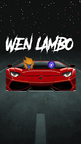 a red lamborghini is driving down a road with the words wen lambo written on the bottom