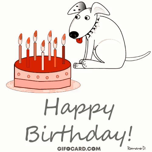 a cartoon of a dog sitting next to a birthday cake