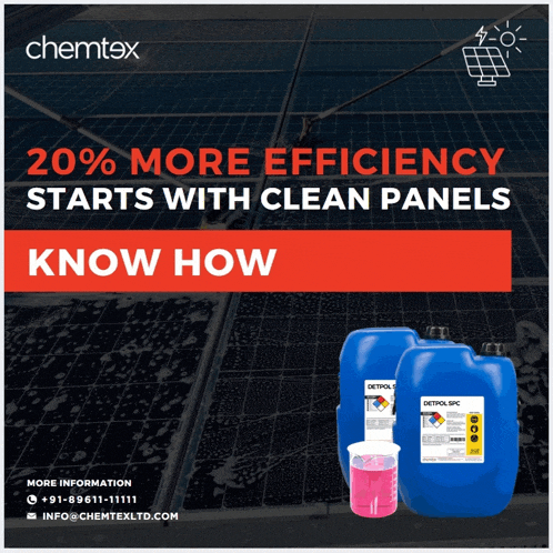 an advertisement for chemtex that says 20 % more efficiency starts with clean panels know how