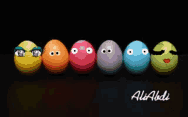 a row of eggs with faces painted on them and the name ali aldi on the bottom