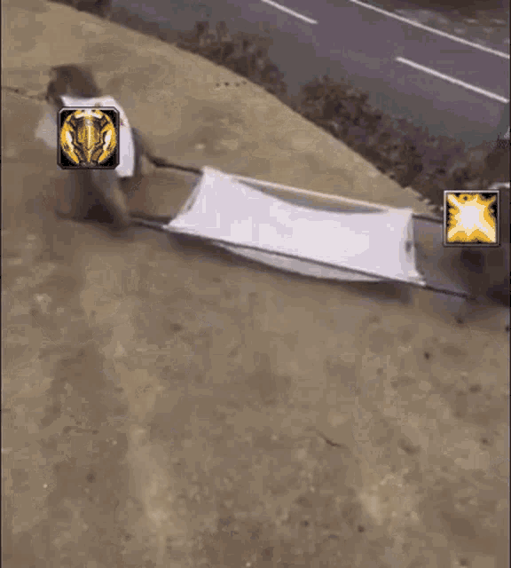 a person is laying on a stretcher on the side of a road with a sign in the background that says ' chinese '