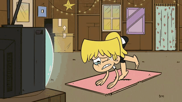 a cartoon of a girl kneeling on a yoga mat