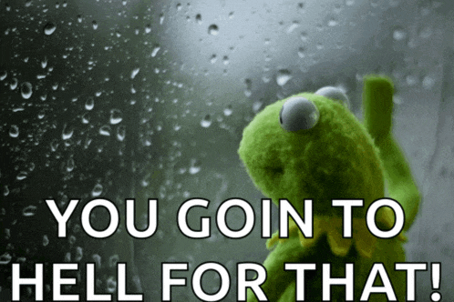 a picture of kermit the frog with the words you goin to hell for that below him