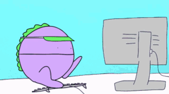 a cartoon of a purple dinosaur wearing sunglasses and a green hat sitting in front of a computer monitor