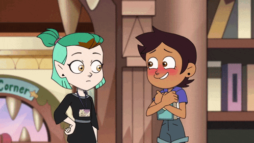 two cartoon characters are standing next to each other and one has a name tag that says luz