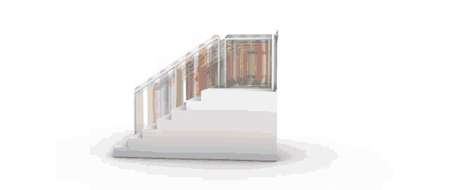 a set of stairs with a colorful railing on a white background