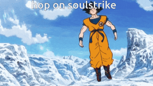 a cartoon of a man jumping in the air with the words hop on soulstrike above him