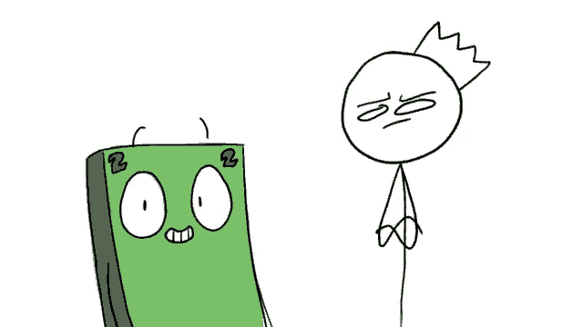 a stick figure with a crown on his head is standing next to a green stick figure