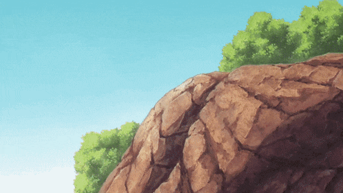 a rocky hillside with trees and a blue sky