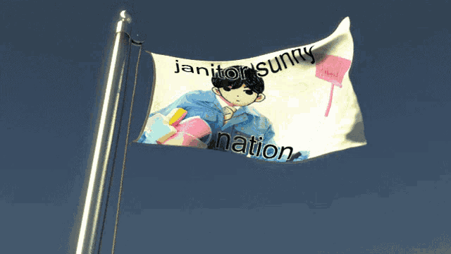 a flag with a picture of a boy and the words janitor sunny nation on it