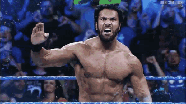a man without a shirt is in a wrestling ring with his fist in the air