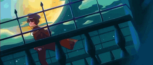 a pixel art illustration of a man standing on a balcony looking out at the ocean .