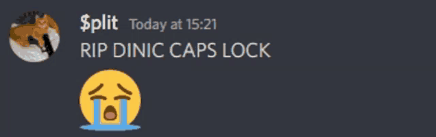 a screenshot of a discord conversation with a crying face and the words split today at 15:21 rip dinic caps lock