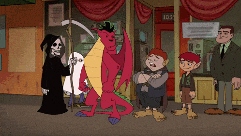 a group of cartoon characters standing in front of a building with the number 103 on the door
