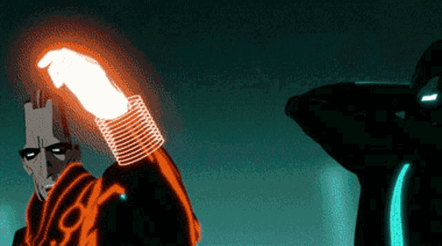 a cartoon character with a light coming out of his hand and the letter o on his chest