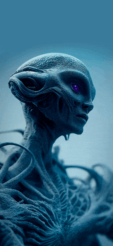 a statue of an alien with purple eyes and a blue background