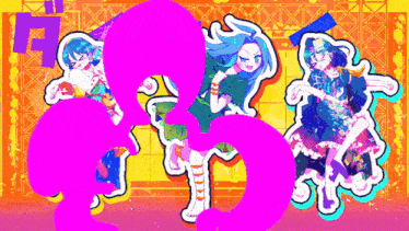 a colorful drawing of three girls with a purple outline