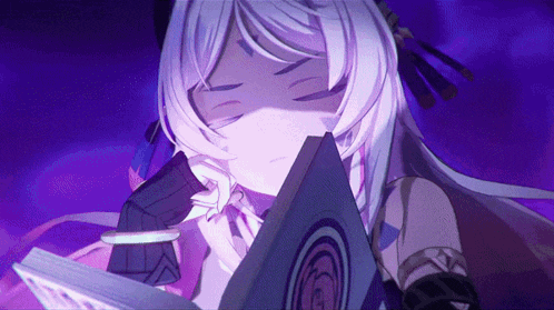 a girl with long white hair is holding a book in her hand .