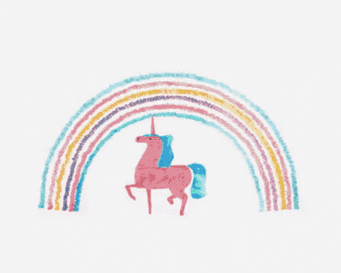 a pink unicorn is standing under a rainbow