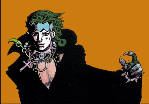 a drawing of a man with green hair and a scorpion on his hand