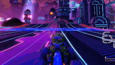 a video game shows a frog driving a car on a purple track