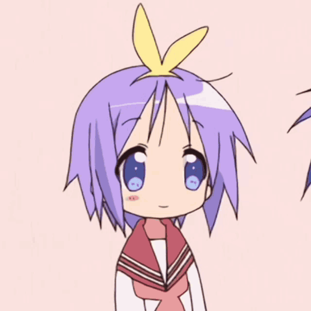 a cartoon girl with purple hair and a yellow bow on her head