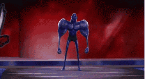 a cartoon character is dancing on a stage in front of a red wall .