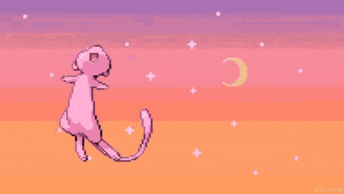 a pixel art of a pink cat with a crescent moon behind it