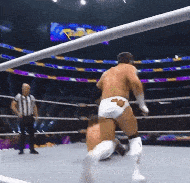 a man in a wrestling ring with a referee behind him
