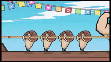 a cartoon of mushrooms pulling a rope with flags behind them that say ao