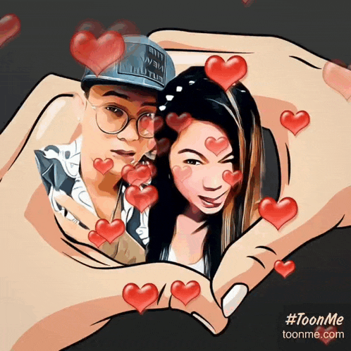a cartoon of a man and a woman surrounded by hearts with the website toonme.com in the corner