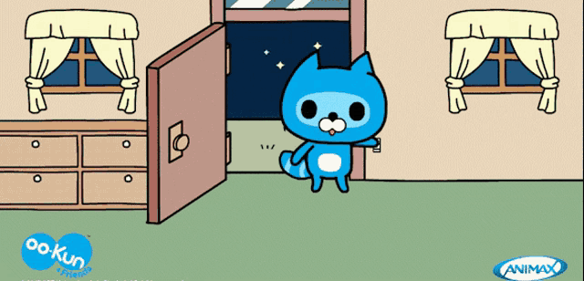 a cartoon of a blue cat standing in front of an open door with the word animax on the bottom