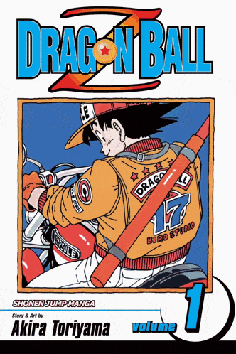 a book called dragon ball volume 1 shows a man riding a motorcycle