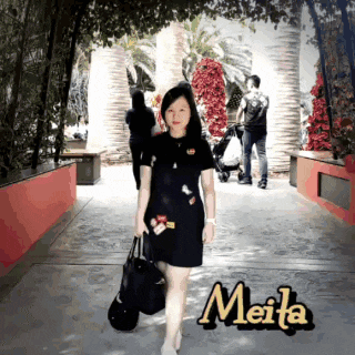 a woman in a black dress with the name meita on the bottom left