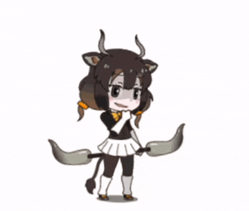 a cartoon drawing of a girl with horns holding a pink object .