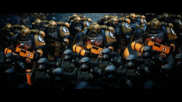 a row of yellow space marines holding guns with the letter x on their chest