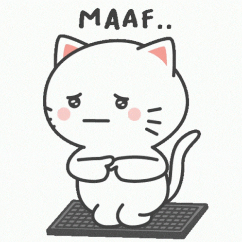 a cartoon cat is kneeling down on a keyboard and says maaf