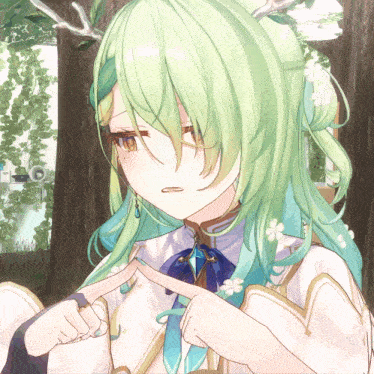 a girl with green hair is making a gesture with her fingers