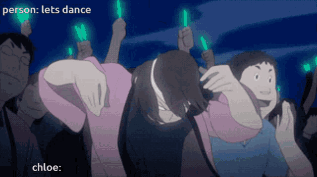 a group of people are dancing with glow in the dark sticks and the caption says " person lets dance chloe "