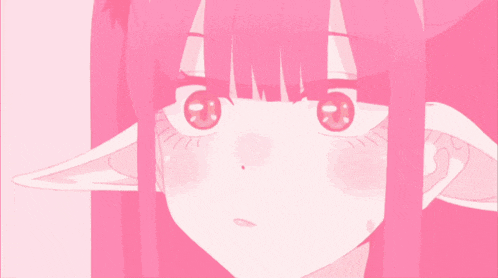 a girl with pink hair and ears is smiling in a pink background