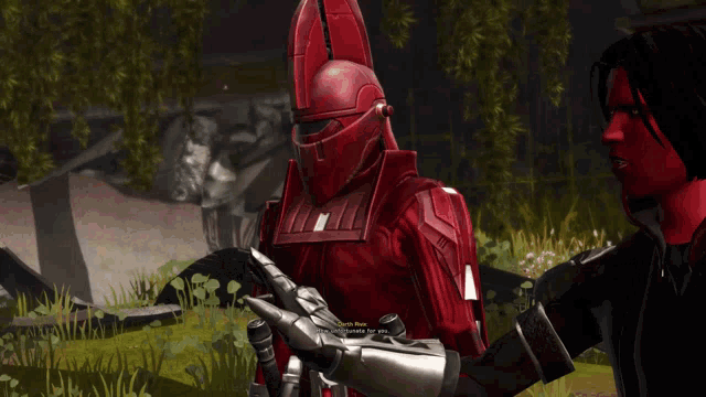 a screenshot of a video game shows a character talking to another