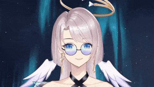 a girl with angel wings and glasses is smiling
