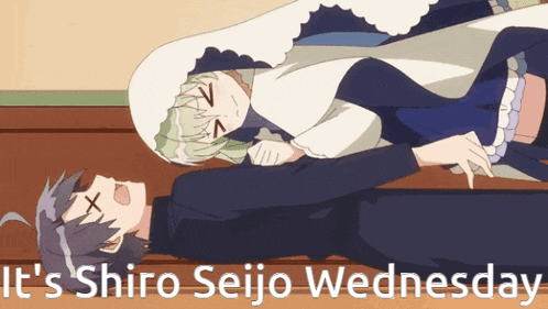 a cartoon of a girl laying on a man with the words it 's shiro seijo wednesday below it