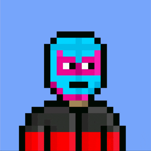 a pixel art of a person with a blue mask