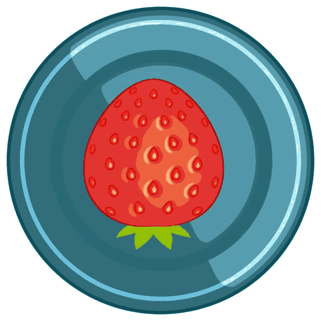 a strawberry is on a blue plate on a white background