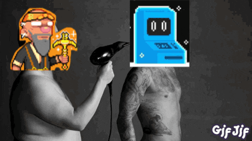a gif of a man blow drying another man 's hair with a cartoon character holding a sword