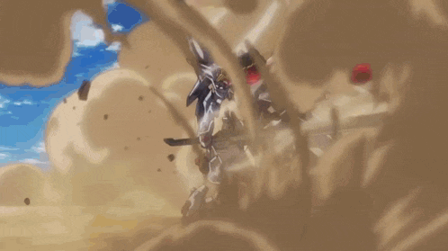 a robot is flying through the air with a sword in its hand .