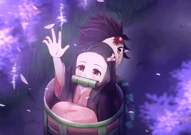 a boy and a girl are sitting in a wooden bucket