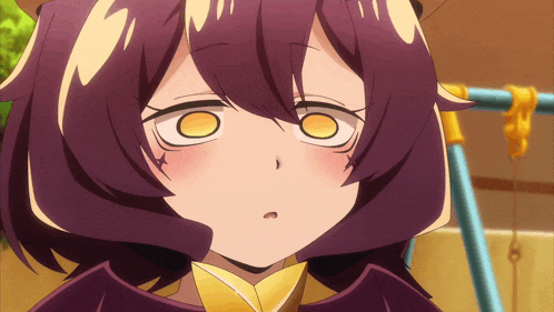 a girl with purple hair and yellow eyes is making a face